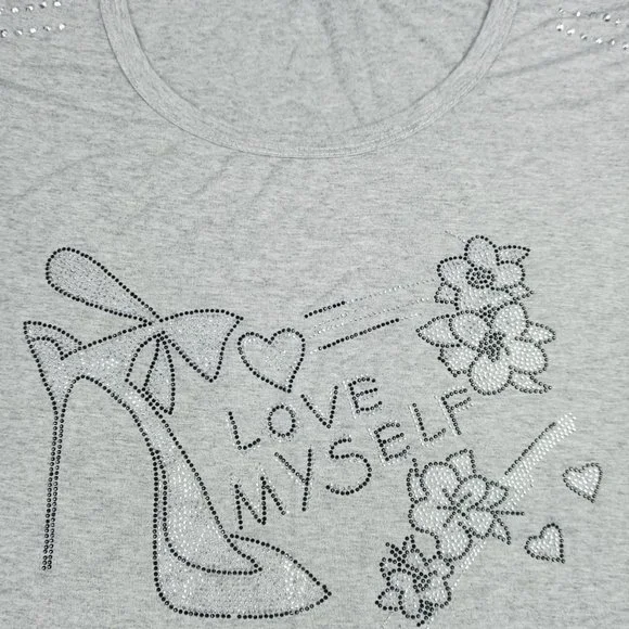 Women's "I Love Myself" Bling Rhinestone Short Sleeve Grey Dienider T-shirt - Picture 2 of 5
